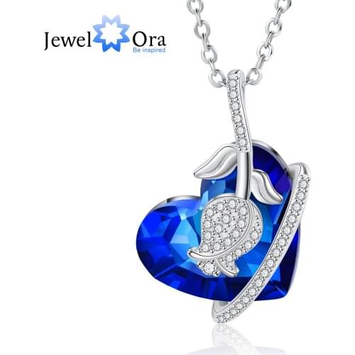 JewelOra New Silver Color Rose Flower Cubic Zirconia Necklace Classic Heart Blue Crystal Pendant Jewelry Women Accessories