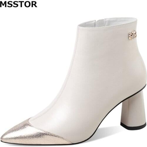 Mixed Colors Winter Shoes Women Pointed Toe Fashon Party Office Shoes Plush Zipper Ankle Boots Women Cow Leather Ladies Heels