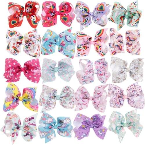 22 Colors 4.8" Unicorn Horn Ribbon Bow Hair Clips Rainbow Printed Cartoon Hair Bows Girls Christmas Gift Hair Accessories