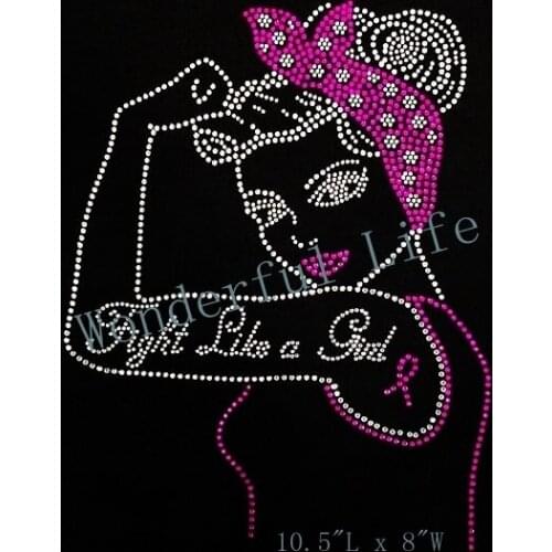 Free shipping heat hot fix rhinestone design fight like a girl tatoo woman with words fuchasia with white clear crystal