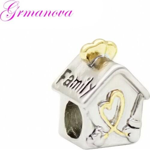 Golden Love Charm Beads Big Hole Family House Family Amulet Original Brand Design Fit Pandora Bracelet Necklace