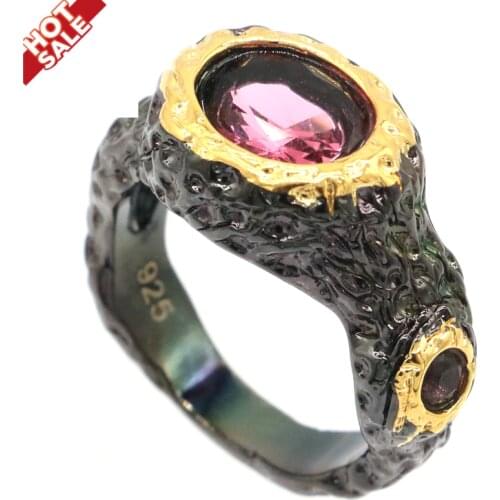 23x12mm Hiphop Created 8.6g Pink Tourmaline For Ladies Cool Black Metal Silver Rings Street Fine Jewelry