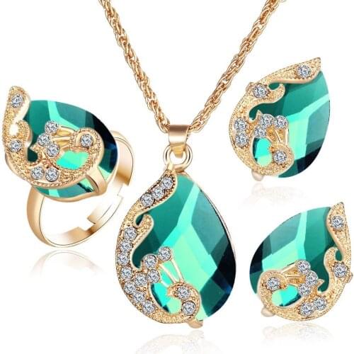 Crystal Peacock Jewelry Sets Bride Wedding Necklace Earring Ring Set Rhinestone Gold Color Water Drop Pendant Women Accessories