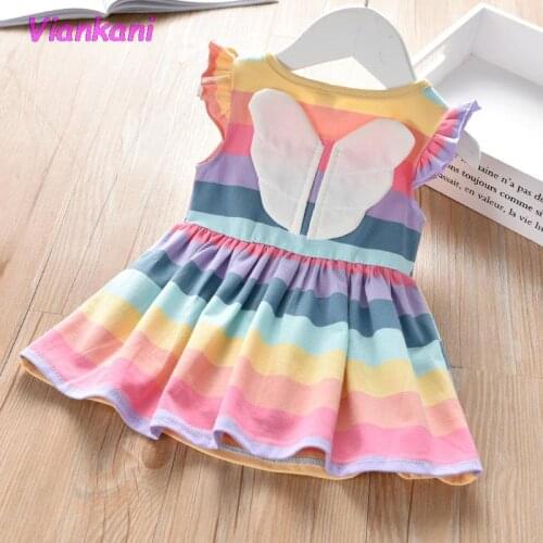 Kawaii Baby Girls Dress 2021 Summer Children Cotton Rainbow Stripes A-Line Dresss with wings Kids daughter Princess Dresses 2-6T