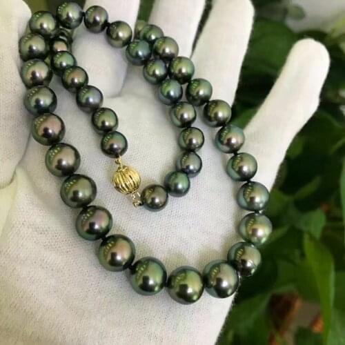 New stunning AAA natural 11-12mm black green pearl necklace 18inch plated Clasp earrings set