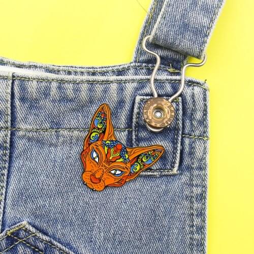 Orange hairless cat Enamel Brooch Indian wind cute animal Cat face Lapel Pin Creative punk badge jewelry