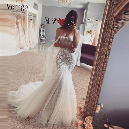 Verngo Sexy Off the Shoulder Mermaid Wedding Dresses Sweetheart Lace Applique Fitted Slim Tulle Skirt Sweep Train Bridal Gowns