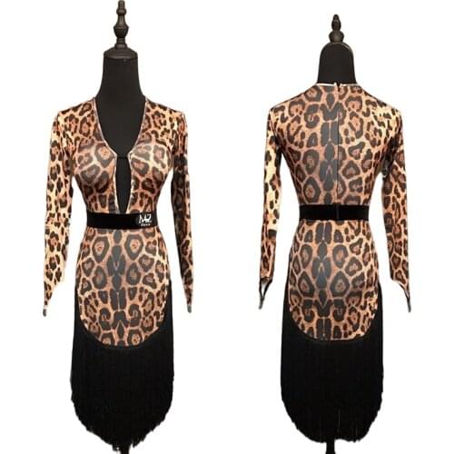 Fringe Dress Leopard Latin Dance Dress Women Stage Costume Designer Clothes Long Sleeve Tap Dancewear Samba Dancer Outfit JL2686