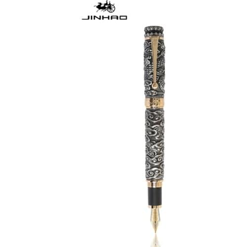 Jinhao Business Metal Fountain Pen Dragon Cloud Heavy Big Pen Medium Nib Gray Carving Embossing Collection Gift Pen