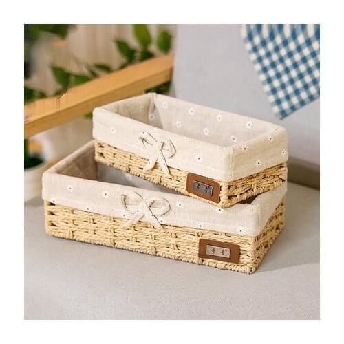 Straw Storage Basket Imitation Rattan Fabric Desktop Storage Box Braided Key Snack