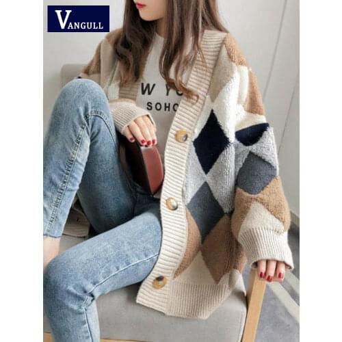Vangull Women Sweaters Autumn Winter 2021 Fashionable Casual Plaid V-Neck Cardigans Single Breasted Loose Sweater