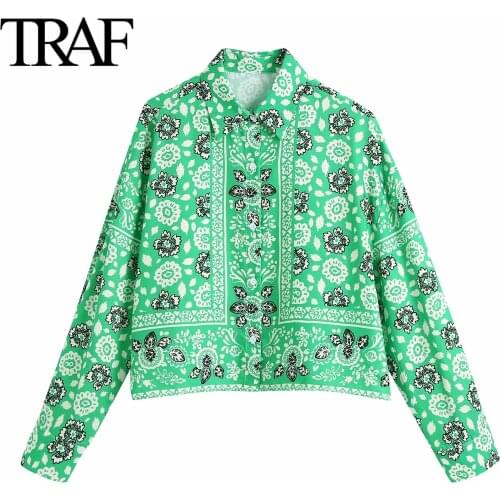 Traf Women Clothing Spring Autumn Chic Short Loose Ladies Tops Gothic Printing Buttoned Shirt Long Sleeve Blouse