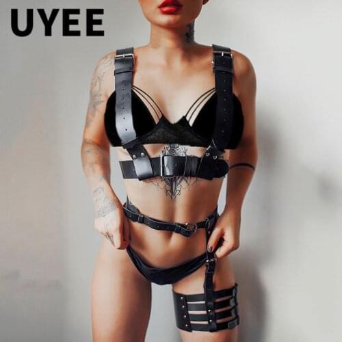 UYEE Women Sexy Body Harness Bondage Garter Set Wide PU Leather Lingerie Belt Harajuku Gothic Clubwear Sword Belt Suspenders