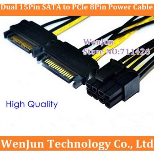 High quality Dual 15 Pin SATA Male to PCIe PCI-Express Video Card Display Card 8Pin(6+2) Male Power Adapter Cable 300pcs/lot