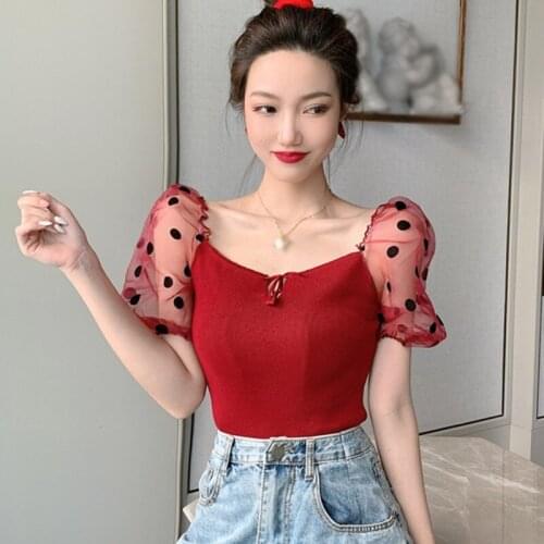 Women\s Square Collar Dot Patchwork Short Sleeve Basic Blouse 2020