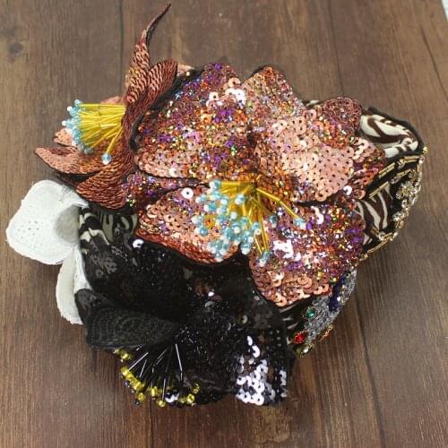 Exaggeration New Fashion Big Flower Rice Bead Hair Accessories Wide Headband Baroque Leopard Headdress Womens Catwalk Party