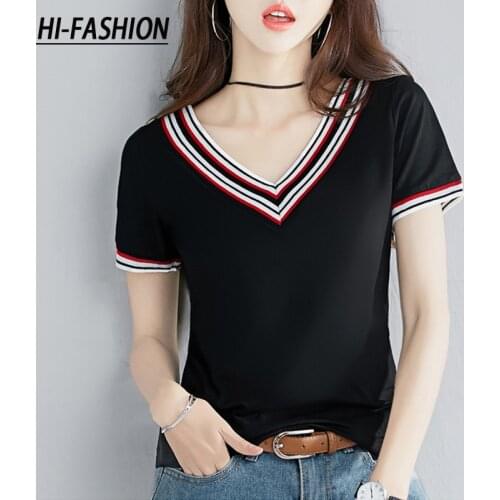 HI-FASHION New Contrasting Colors V-Neck Striped Women vintage T Shirt Summer Cotton harajuku Short Sleeve za womens Top