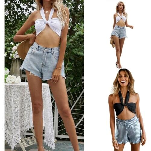 Women Summer Sexy Halter Bandage Crop Top Ruched Twist Knotted Strappy Vest Criss Cross Over Front Sleeveless Shirts