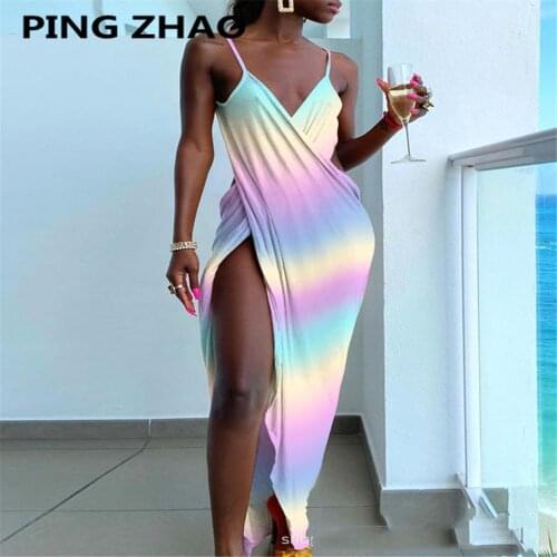 PING ZHAO Women Long Dress 2021 Sexy Party Club Deep V-neck Camis Side Slit Sleeveless Backless Vogue Dresses