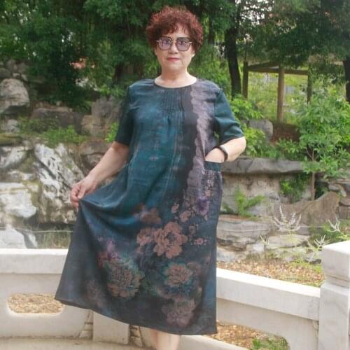 Elegant office dresses women short sleeve o-neck summer dress 5xl 6xl 7xl plus size loose print woman dress with pockets H558