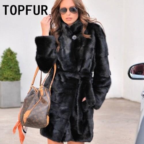 TOPFUR Winter Coat Woman Fashion Real Fur Coat Import Black Natural Mink Fur Coat With Belt Luxurious Round Neck Basic Jacket