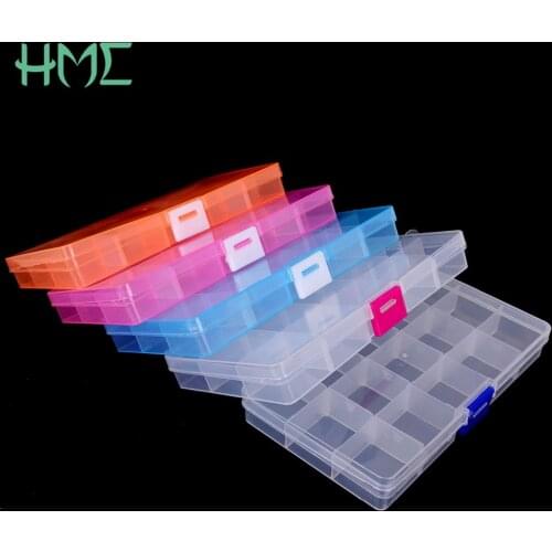 2017 NEW 17.4*9.8*2.2cm 15Cells 5 Colors Button&Jewel Case Transparent Color DIY Organizer Box Splittable Plastic Storage Boxes