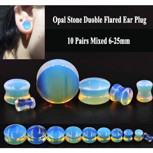 BOG-10Pair 6-25mm Mixed Opal Stone Double Flare Ear Tunnels and Plugs Ear Taper Stretcher Gauge Expander Yellow&Blue Ear Gauge