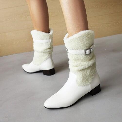 Lamb Hair Stitching Microfiber Mid-Top Boots For Fall/Winter Pointed Toe Mid-Heel With Pearl Belt Buckle Snow Boots For Ladies