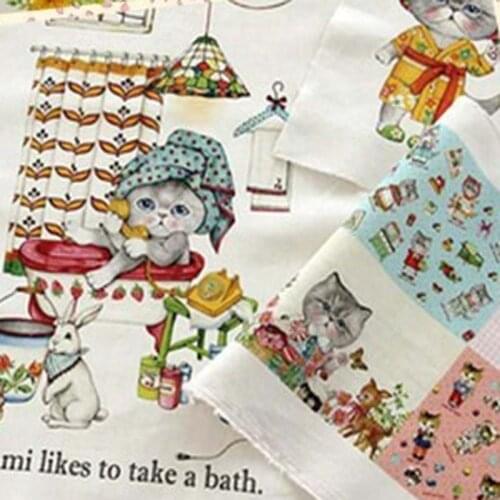 Digital Printing viaPhil Thick Zaka Bath Cats Printed Cotton Linen Fabric Patchwork DIY Sewing Home Decor