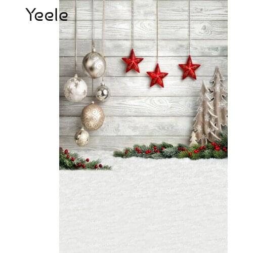 Yeele Photocall Wooden Boards Christmas Pattern Photographic Backdrop Pine Leaves Colored Balls Red Star Snow Floor Background