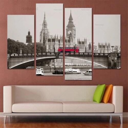 Canvas Painting No Frame Only 4 Pieces London Big Ben Red Bus Buildings City Landscape Posters Modern Hd Printed Fashion Decor