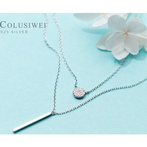 COLUSIWEI Dazzling Clear CZ Geometric Line Round Pendant Necklace for Women Gift 925 Sterling Silver Double Chain Fine Jewelry