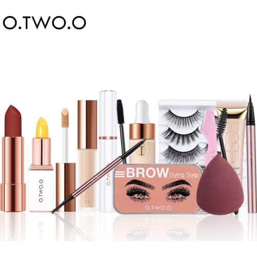 O.TWO.O Makeup Kit 11 pcs Cosmetic Set Woman Beauty Lipstick Eyebrows Make Up Fake Eyelashes Sponge Foundation Woman Gift