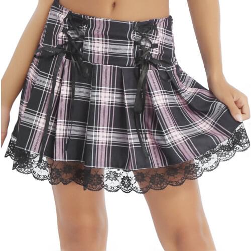 Cute Kawaii Lace Plaid Goth Skirt Women School E Girl High Waist Bandage Y2k Aesthetic Pastel Gothic Harajuku Pleated Mini Skirt