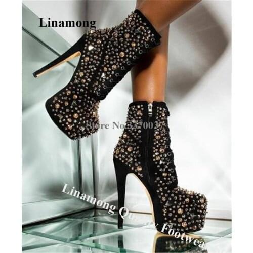 Linamong Top Fashion Round Toe Gold Silver Rivet High Platform Stiletto Heel Short Boots Lace-up Studded High Heel Ankle Booties
