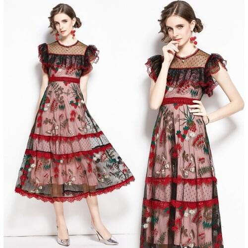 New Elegant See Through Butterfly Sleeve Mesh Dress Strawberry Embroidery Stitching Lace Trims High Waist Sweet Party Long Dress