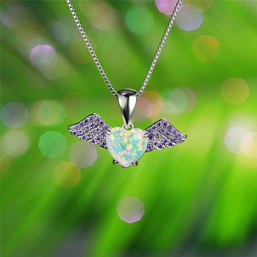 Cute Female Small Angel Heart Pendants Necklaces Rose Gold Wedding Necklaces For Women Vintage Blue White Opal Necklace