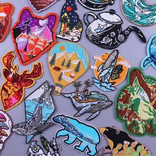 Whale Embroidery Patch Natural Animal Iron On Fusible Patch Stripes For Jackets Clothing Stickers Badge Hippie Clothes Patches