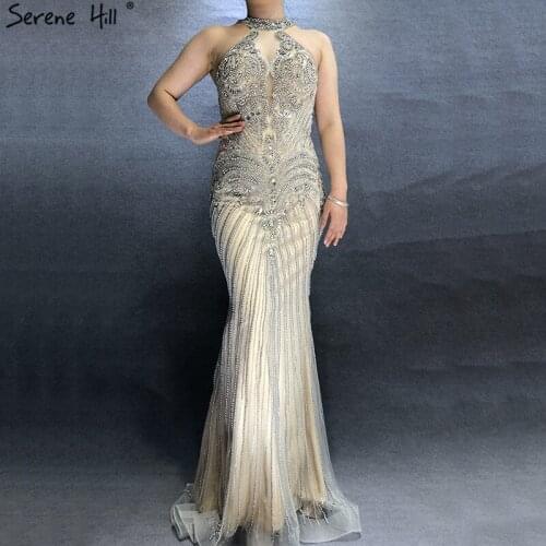 Latest Design Grey Nude Sleeveless Evening Dresses 2020 Luxury Diamond Pearls Sexy Formal Dress Real Photo LA60778