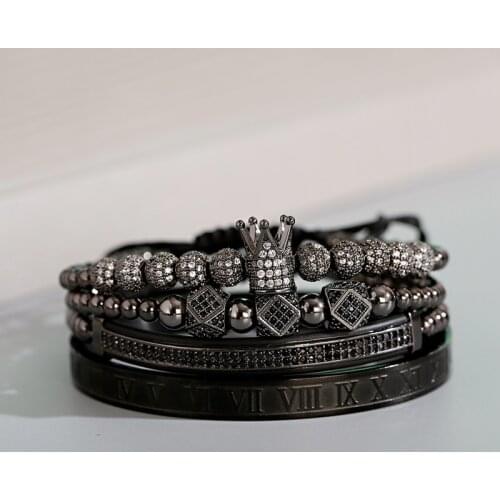 Luxury Classic Black Beads King Crown Men Bracelets & Bangles Fashion Stainless Steel Bracelet CZ Ball Bracelet Homme