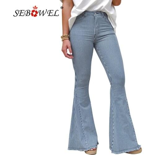 SEBOWEL Plus Size Pin Stripe Bell Jeans Woman High Waist Trousers Ladies Wide Leg Bell Bottoms Female 2020 Winter Long Pants 2XL