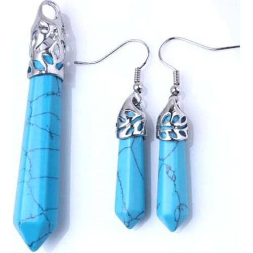 100-Unique Silver Plated Blue Turquoises Hexagonal Column Pendant Dangle Earrings Female Anniversary Gift Jewelry