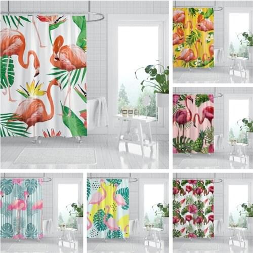 Flamingo Shower Curtain Green Leaves Background Waterproof Polyester ​Bathroom Curtains Decor Home With Plastic Hook