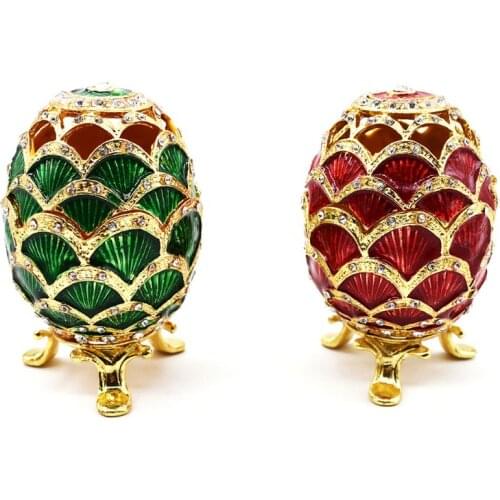 Green Faberge-Egg Hand Painted Jewelry Trinket Box Gift for Easter Home Decor
