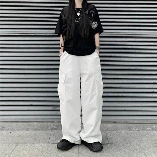 Japanese Streetwear White Cargo Pants Women Baggy Harajuku Casual Wide Leg Pants Korean Style 2021 Summer Women Trousers