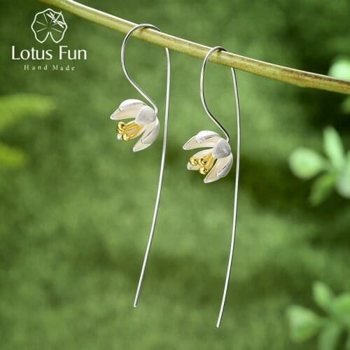 Lotus Fun Real 925 Sterling Silver Natural Original Handmade Fine Jewelry Fresh Blooming Flowe Dangle Earrings for Women Brincos