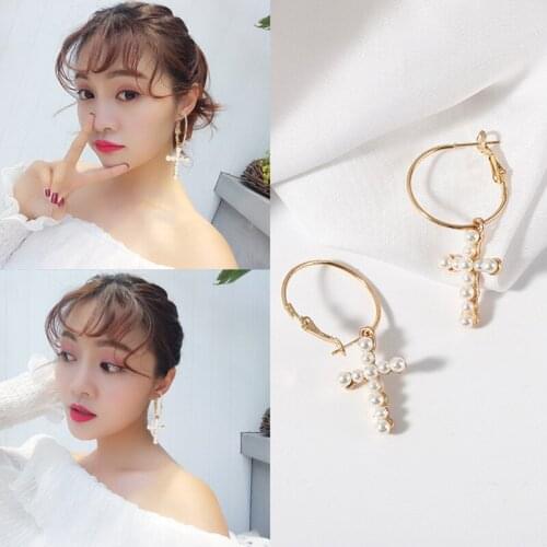 BLIJERY Korean Imitation Pearl Cross Earrings Elegant Geometric Round Circle Hoop Earrings for Women Punk Jewelry Gift