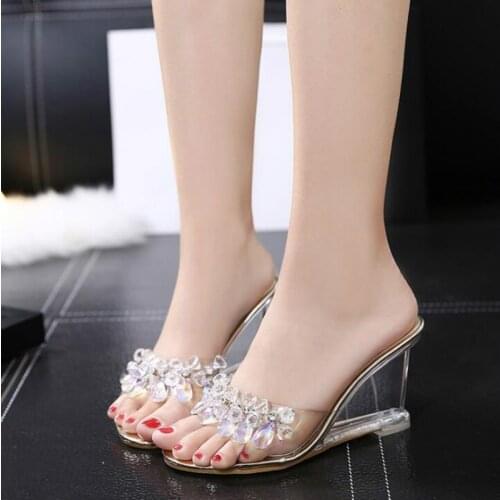 YEELOCA Women Crystal Slipper Wedges Sandals Female Sexy Crystal Transparent High Heels Rhinestone Womens Pumps Cute Slippers