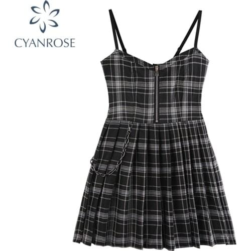 2021 Summer New Pleated Plaid Strap Dress Women Streetwear Preppy Style Black High Waist Spaghetti Strap Sexy Mini Dress Female