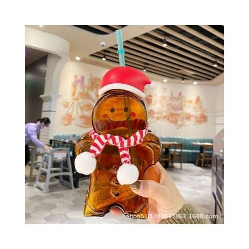 Star Christmas New Product Cup Gingerbread Man Shaped Glass Straw Cup 730ml Cute Drinking Cup